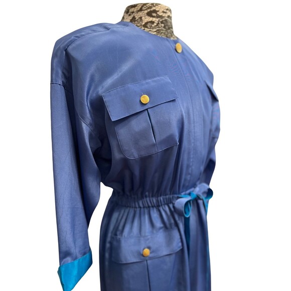 Vintage 90s Dress‎ Leslie Fay Midi Belt Pockets Satin Blue Retro Long Sleeves 10 - Picture 13 of 16